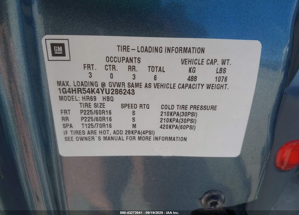 2000 BUICK LESABRE LIMITED VIN: 1G4HR54K4YU286243