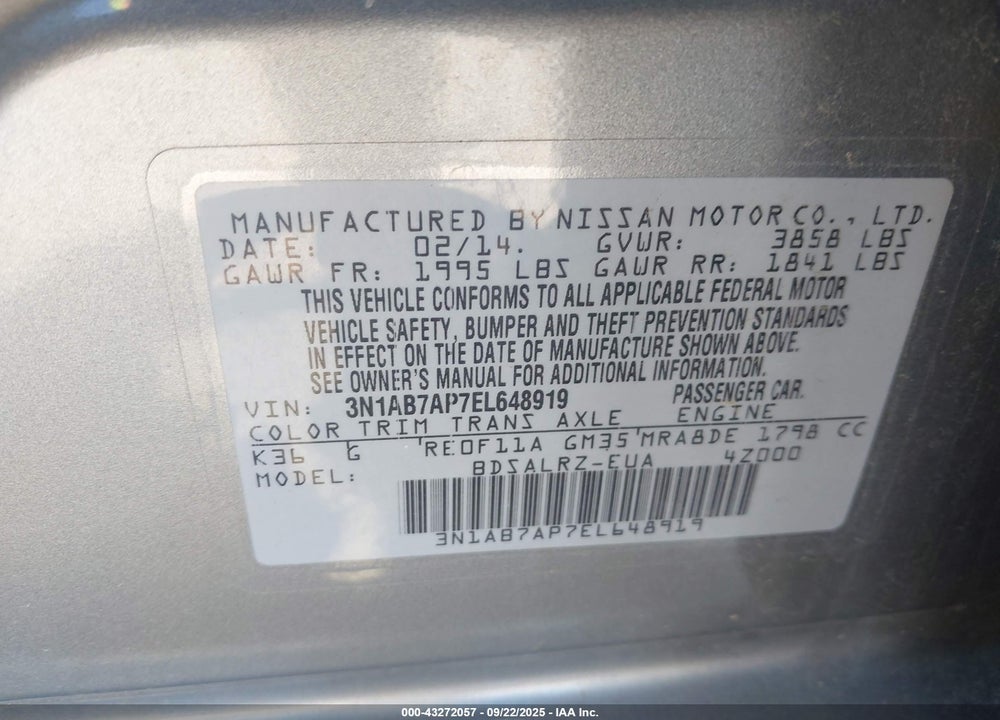 2014 NISSAN SENTRA SR VIN: 3N1AB7AP7EL648919