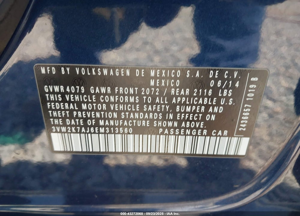2014 VOLKSWAGEN JETTA VIN: 3VW2K7AJ6EM313560