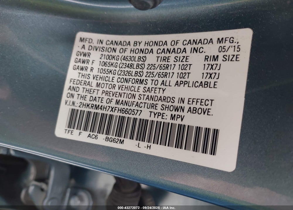 2015 HONDA CR-V VIN: 2HKRM4H7XFH660577