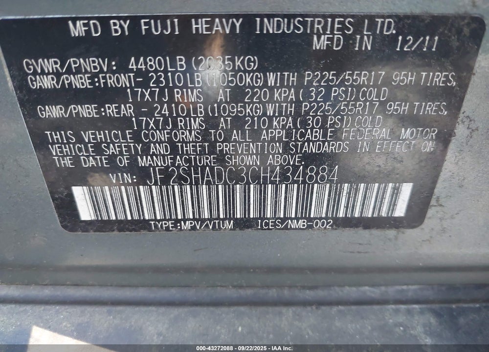 2012 SUBARU FORESTER 2.5X PREMIUM VIN: JF2SHADC3CH434884