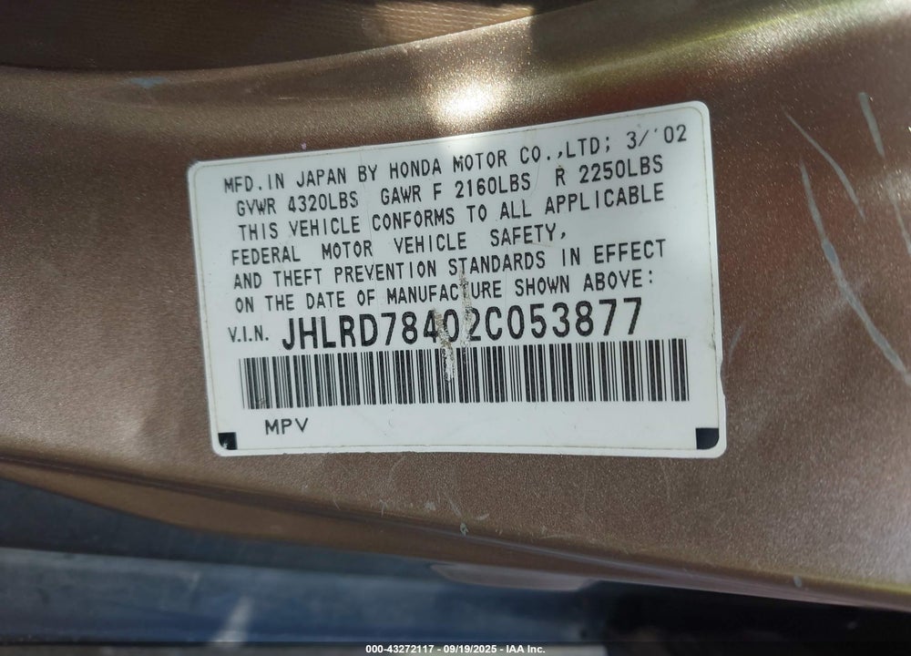 2002 HONDA CR-V LX VIN: JHLRD78402C053877