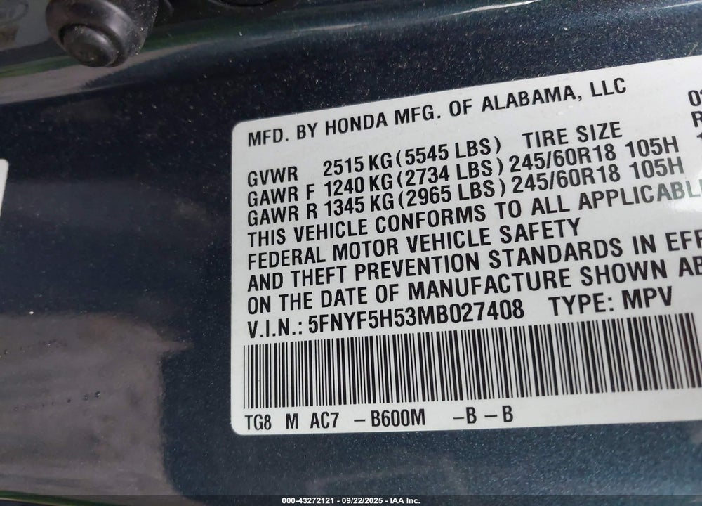 2021 HONDA PILOT 2WD EX-L VIN: 5FNYF5H53MB027408