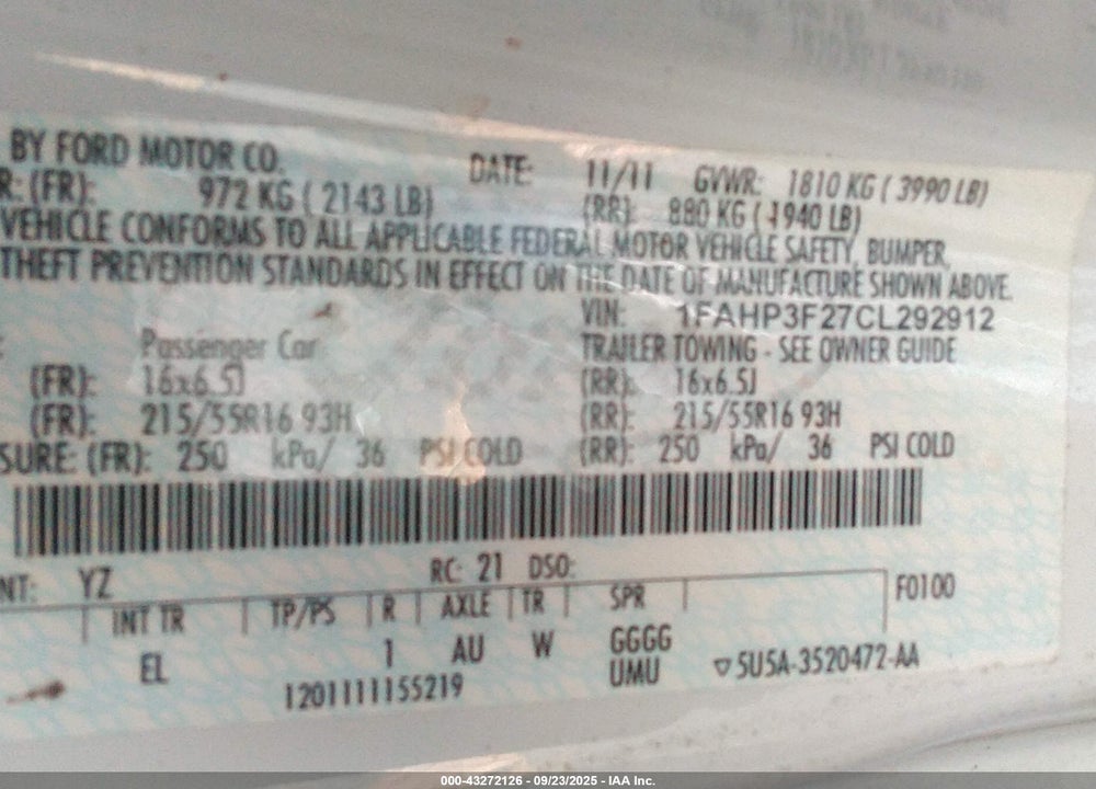 2012 FORD FOCUS VIN: 1FAHP3F27CL292912
