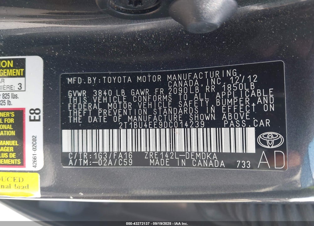 2013 TOYOTA COROLLA L VIN: 2T1BU4EE9DC014239