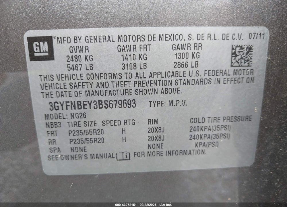 2011 CADILLAC SRX VIN: 3GYFNBEY3BS679693