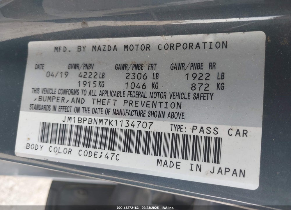 2019 MAZDA 3 VIN: JM1BPBNM7K1134707