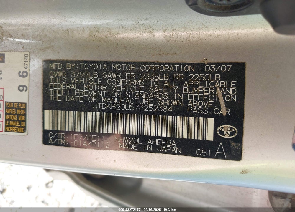 2007 TOYOTA PRIUS VIN: JTDKB20U573252384