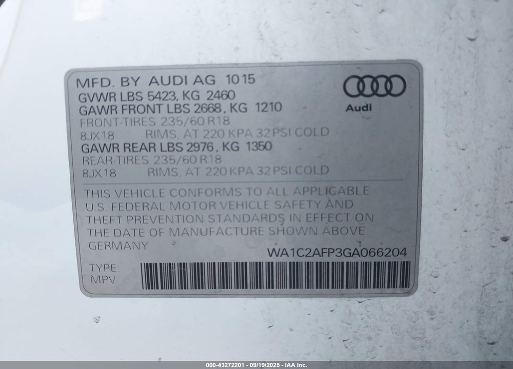 2016 AUDI Q5 VIN: WA1C2AFP3GA066204