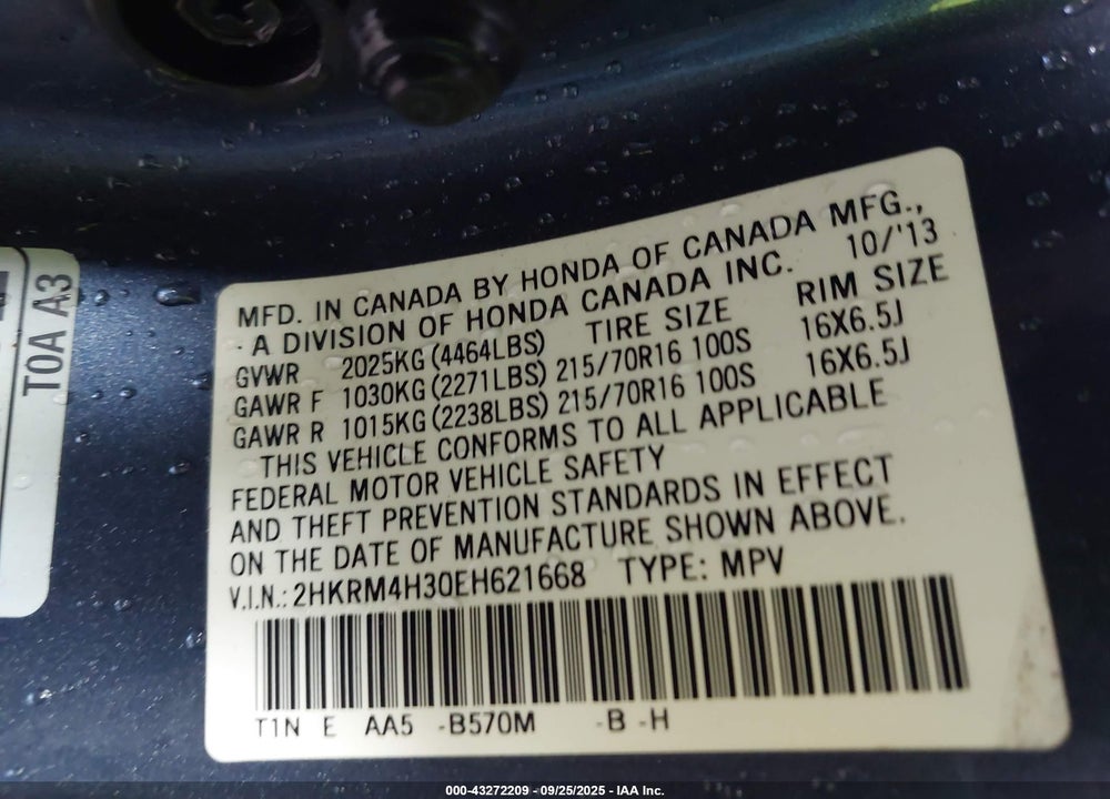 2014 HONDA CR-V VIN: 2HKRM4H30EH621668