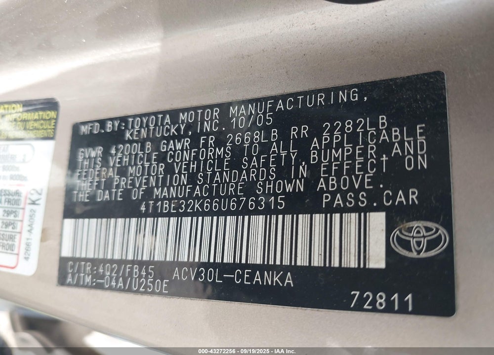 2006 TOYOTA CAMRY LE VIN: 4T1BE32K66U676315