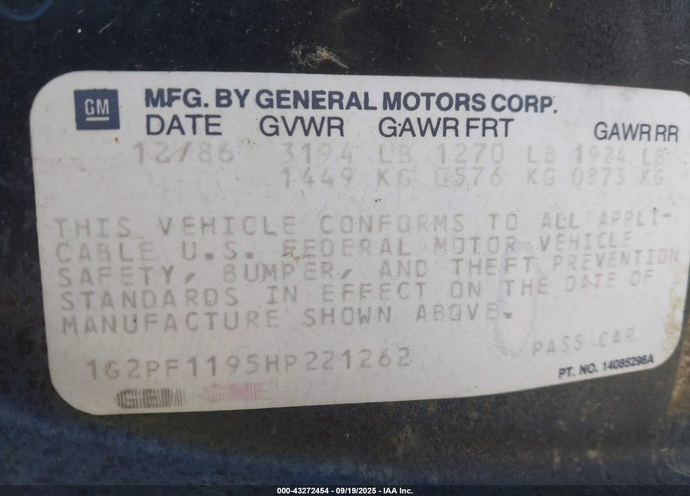 1987 PONTIAC FIERO SE VIN: 1G2PF1195HP221262