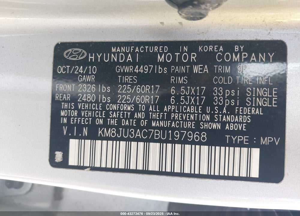 2011 HYUNDAI TUCSON VIN: KM8JU3AC7BU197968