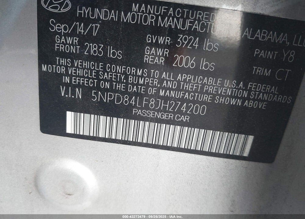 2018 HYUNDAI ELANTRA VIN: 5NPD84LF8JH274200