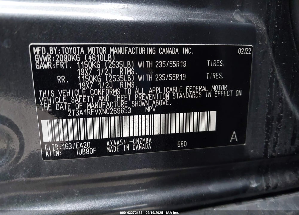 2022 TOYOTA RAV4 XLE PREMIUM VIN: 2T3A1RFVXNC269653