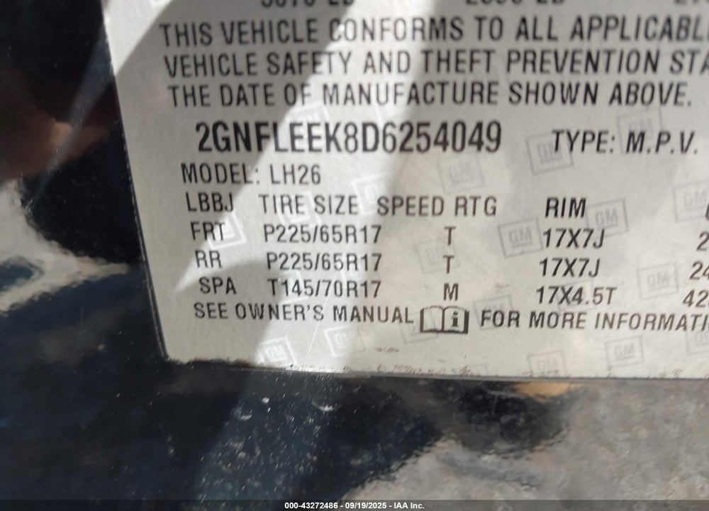 2013 CHEVROLET EQUINOX VIN: 2GNFLEEK8D6254049