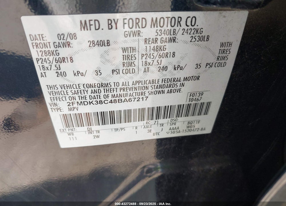 2008 FORD EDGE VIN: 2FMDK38C48BA67217