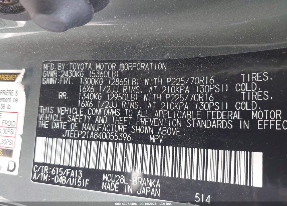 2004 TOYOTA HIGHLANDER V6 VIN: JTEEP21A840055396