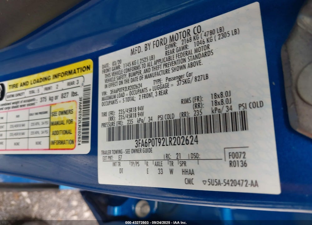 2020 FORD FUSION VIN: 3FA6P0T92LR202624