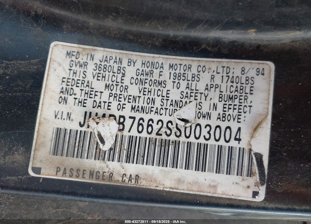 1995 ACURA INTEGRA SE VIN: JH4DB7662SS003004