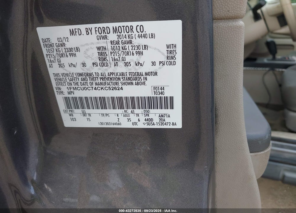 2012 FORD ESCAPE XLS VIN: 1FMCU0C74CKC52624