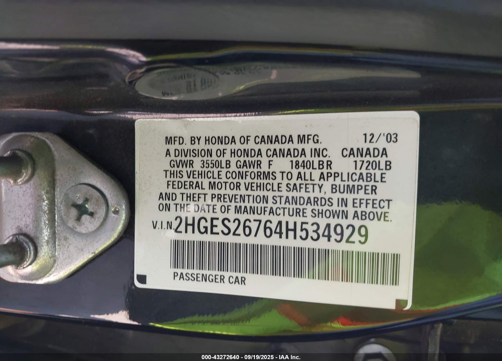 2004 HONDA CIVIC EX VIN: 2HGES26764H534929