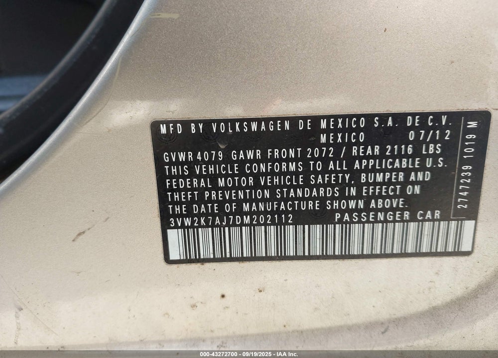 2013 VOLKSWAGEN JETTA VIN: 3VW2K7AJ7DM202112