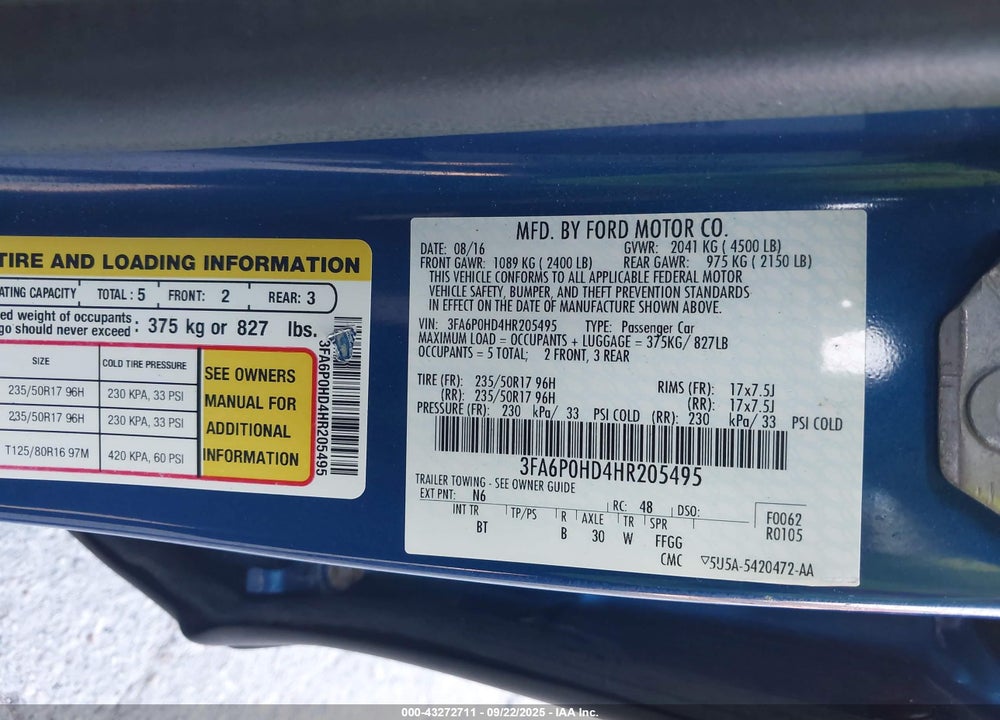 2017 FORD FUSION VIN: 3FA6P0HD4HR205495
