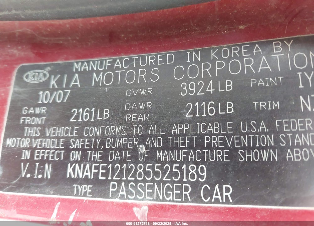 2008 KIA SPECTRA EX VIN: KNAFE121285525189