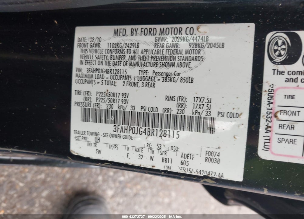 2011 FORD FUSION VIN: 3FAHP0JG4BR128115