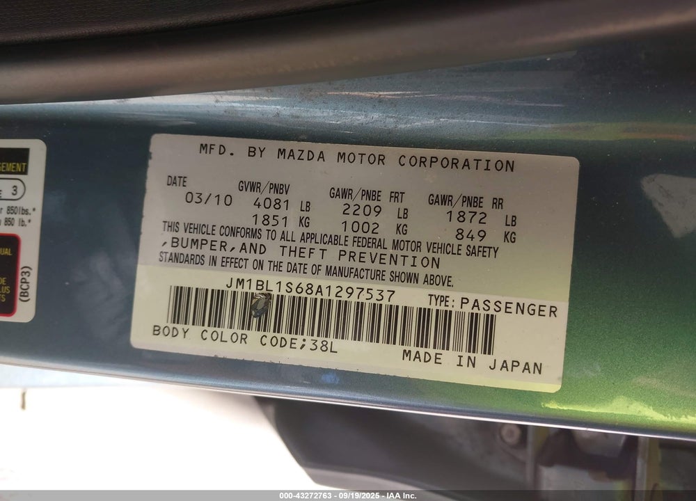 2010 MAZDA 3 VIN: JM1BL1S68A1297537