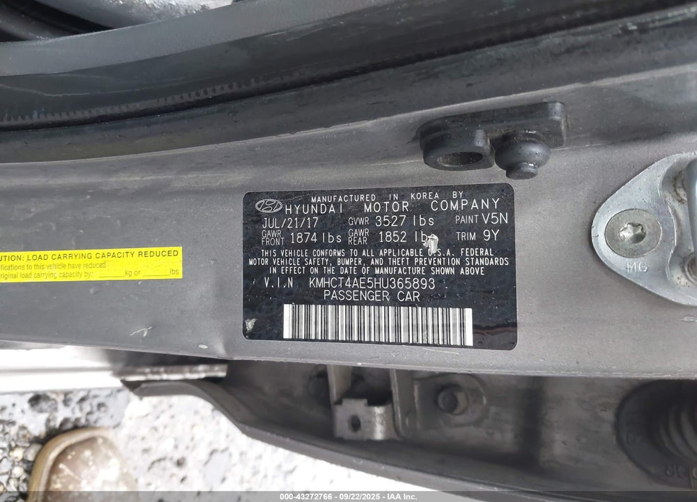 2017 HYUNDAI ACCENT VIN: KMHCT4AE5HU365893