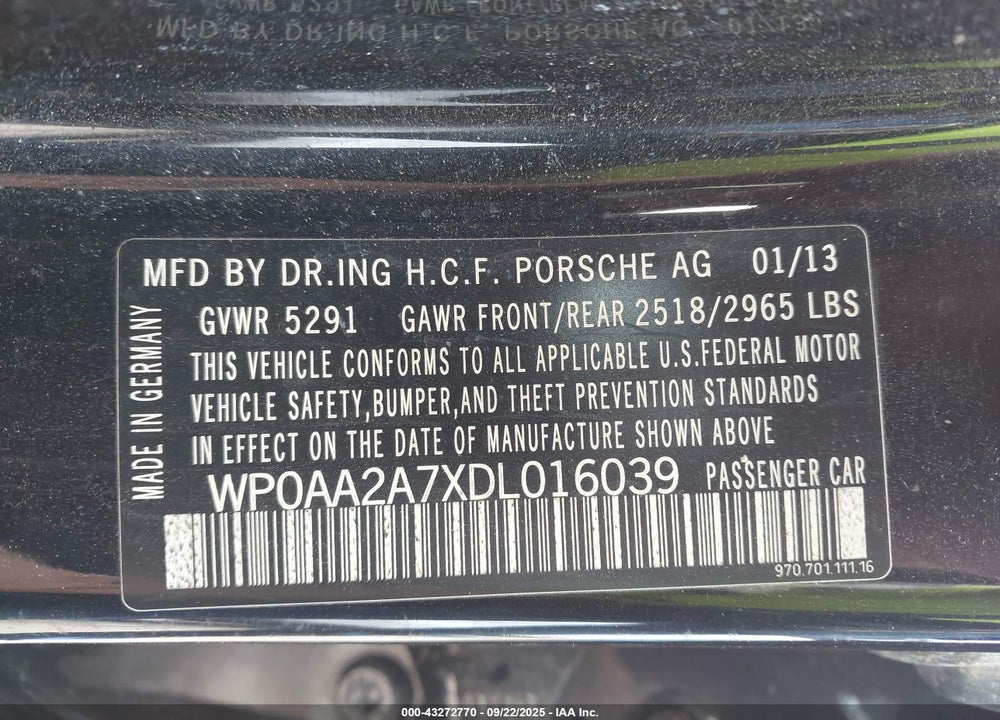 2013 PORSCHE PANAMERA 4 VIN: WP0AA2A7XDL016039