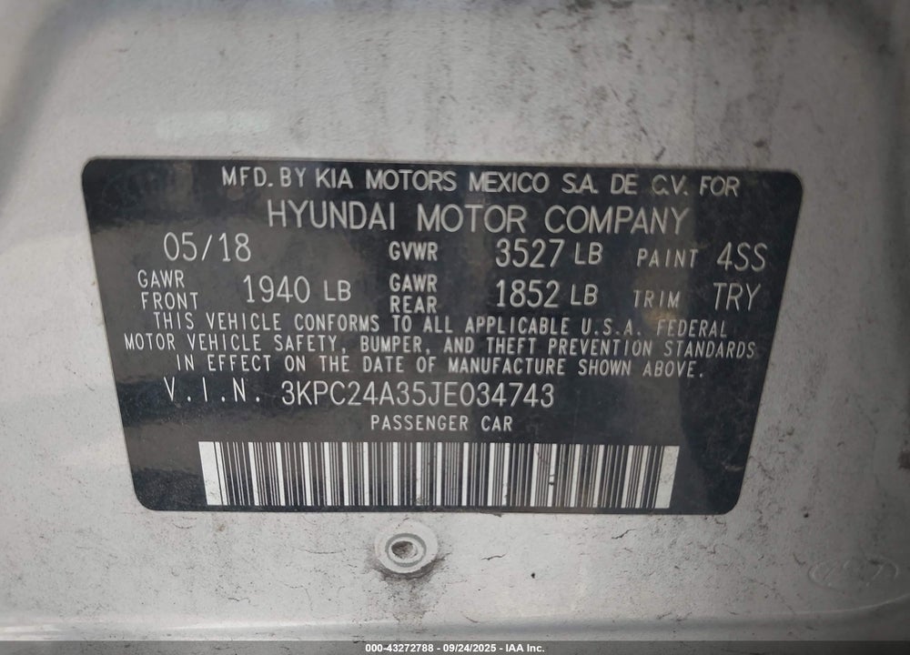 2018 HYUNDAI ACCENT VIN: 3KPC24A35JE034743