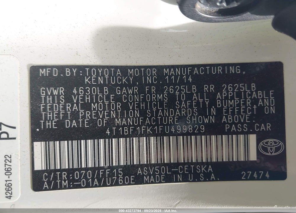 2015 TOYOTA CAMRY VIN: 4T1BF1FK1FU499829