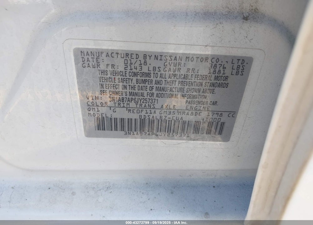 2018 NISSAN SENTRA S VIN: 3N1AB7AP6JY257371