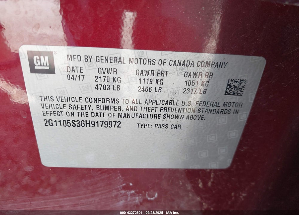 2017 CHEVROLET IMPALA VIN: 2G1105S36H9179972