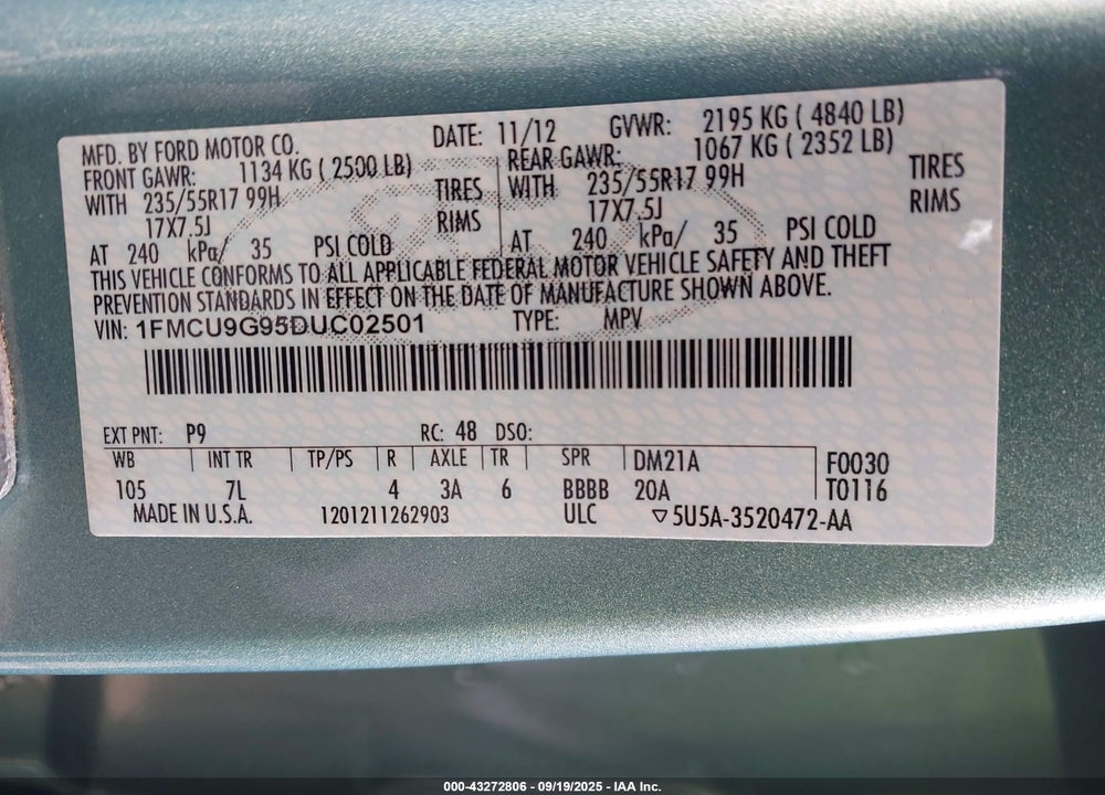 2013 FORD ESCAPE VIN: 1FMCU9G95DUC02501