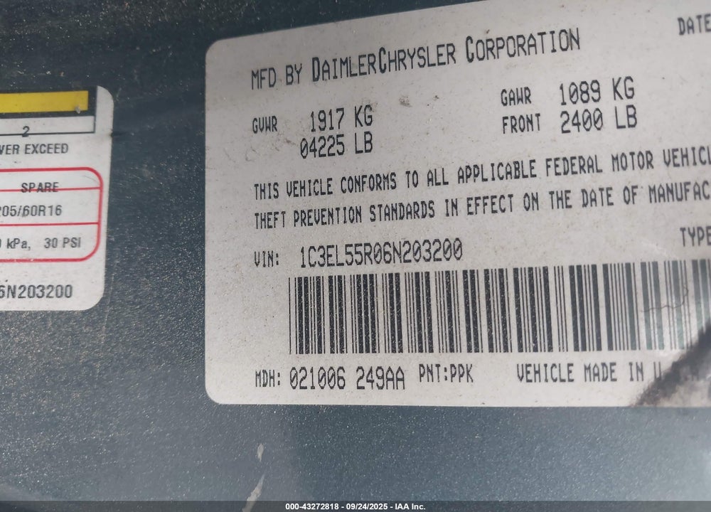 2006 CHRYSLER SEBRING TOURING VIN: 1C3EL55R06N203200