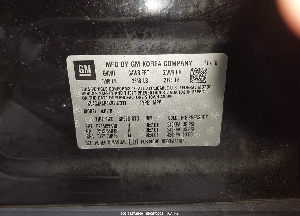 2019 BUICK ENCORE VIN: KL4CJASB4KB787311