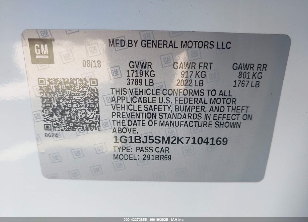 2019 CHEVROLET CRUZE CVT (FLEET ORDERS ONLY) VIN: 1G1BJ5SM2K7104169