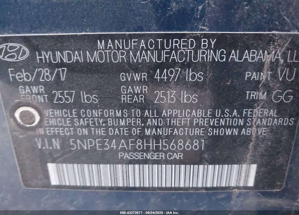 2017 HYUNDAI SONATA VIN: 5NPE34AF8HH568681