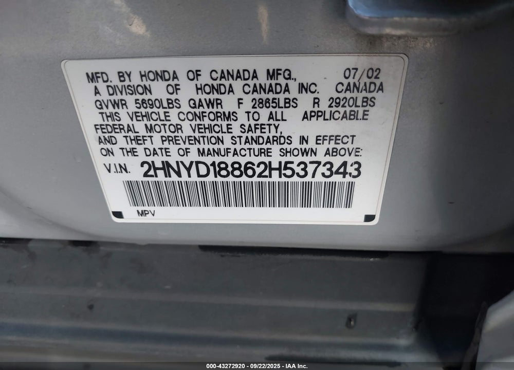 2002 ACURA MDX VIN: 2HNYD18862H537343