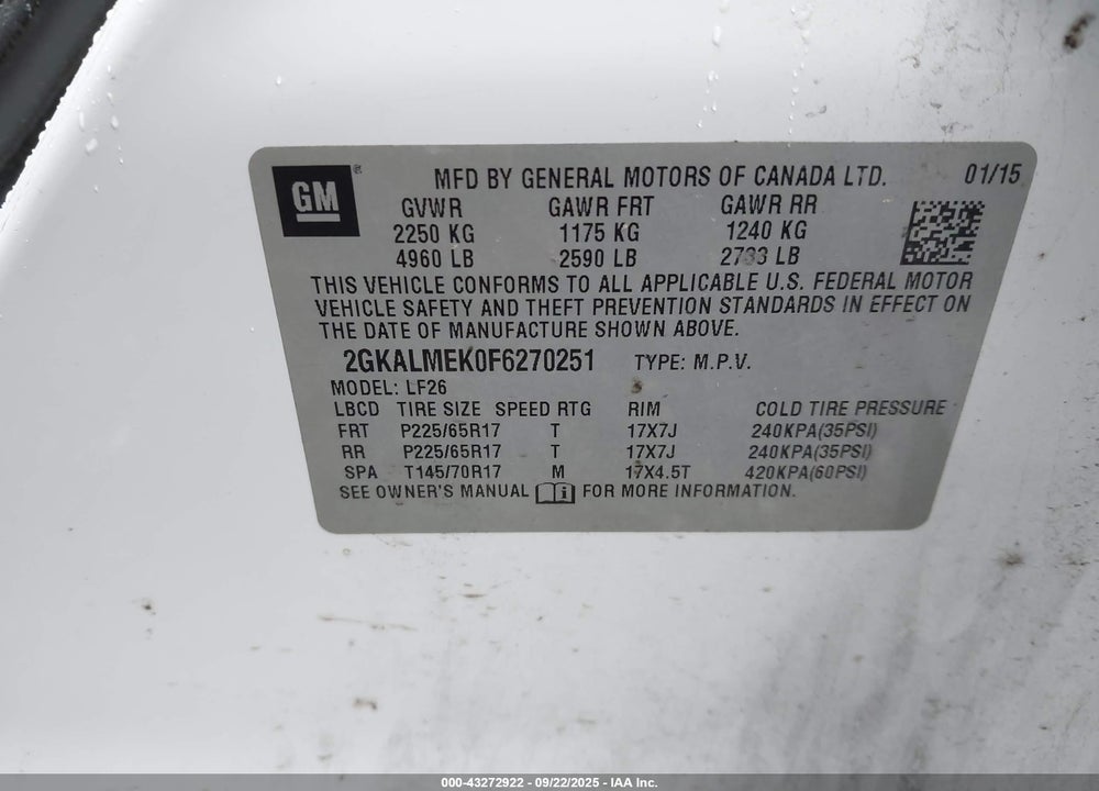 2015 GMC TERRAIN VIN: 2GKALMEK0F6270251