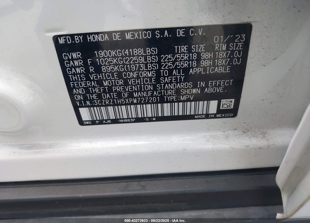2023 HONDA HR-V 2WD SPORT VIN: 3CZRZ1H5XPM727201