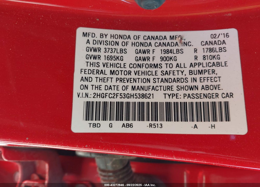 2016 HONDA CIVIC VIN: 2HGFC2F53GH538621
