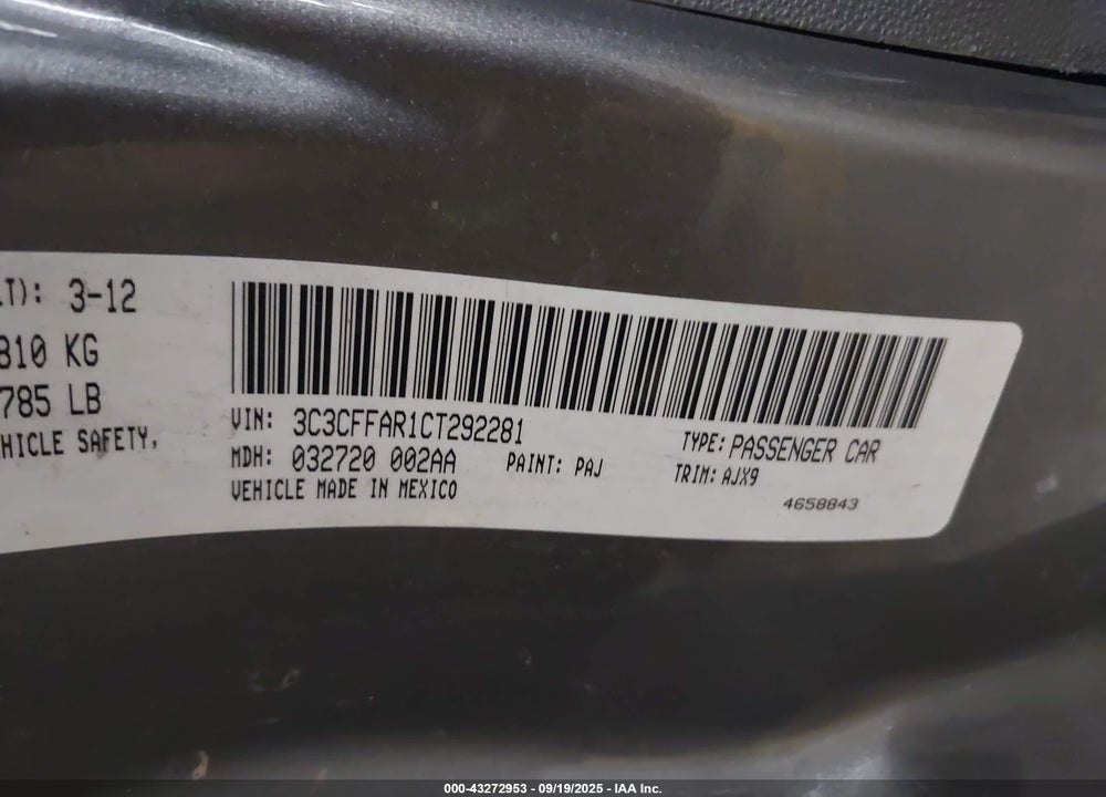 2012 FIAT 500 VIN: 3C3CFFAR1CT292281