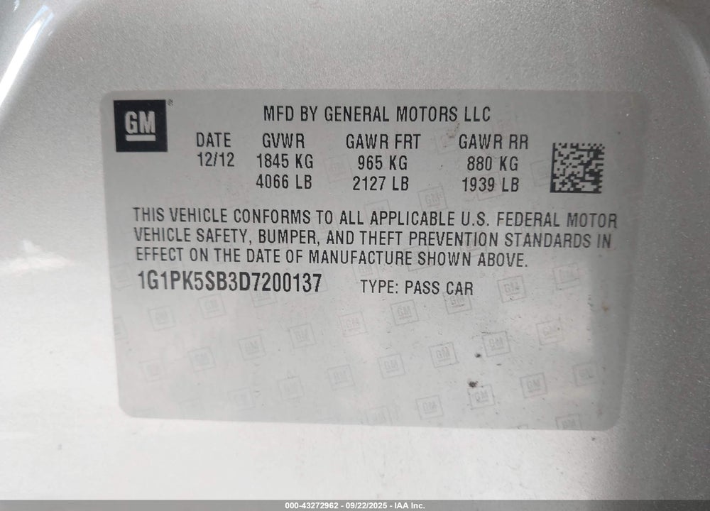 2013 CHEVROLET CRUZE VIN: 1G1PK5SB3D7200137