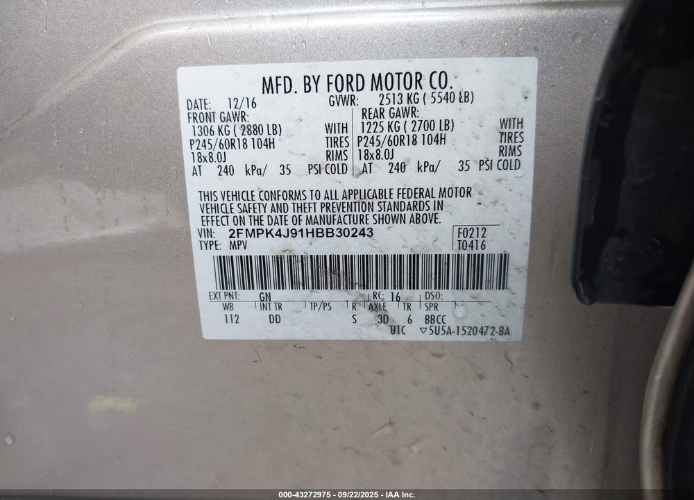 2017 FORD EDGE VIN: 2FMPK4J91HBB30243