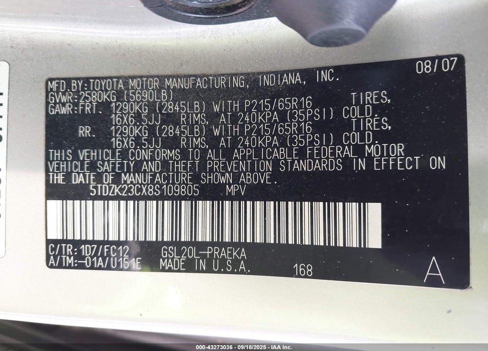 2008 TOYOTA SIENNA LE VIN: 5TDZK23CX8S109805